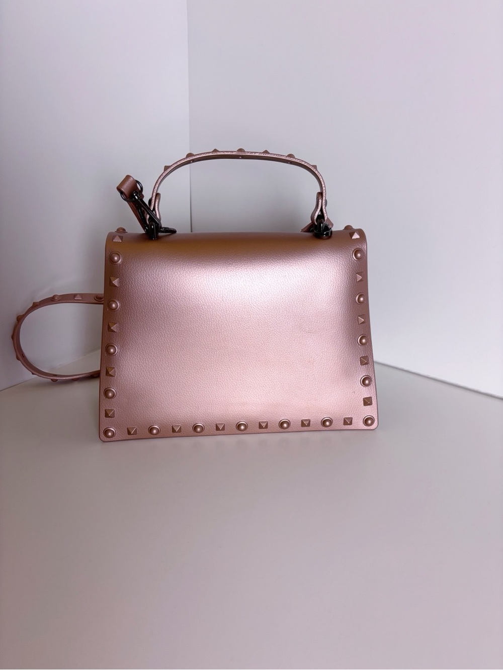 Studded Metallic Rose Rivet Crossbody Top Handel Faux Leather Unlined Handbag - Picture 3 of 9